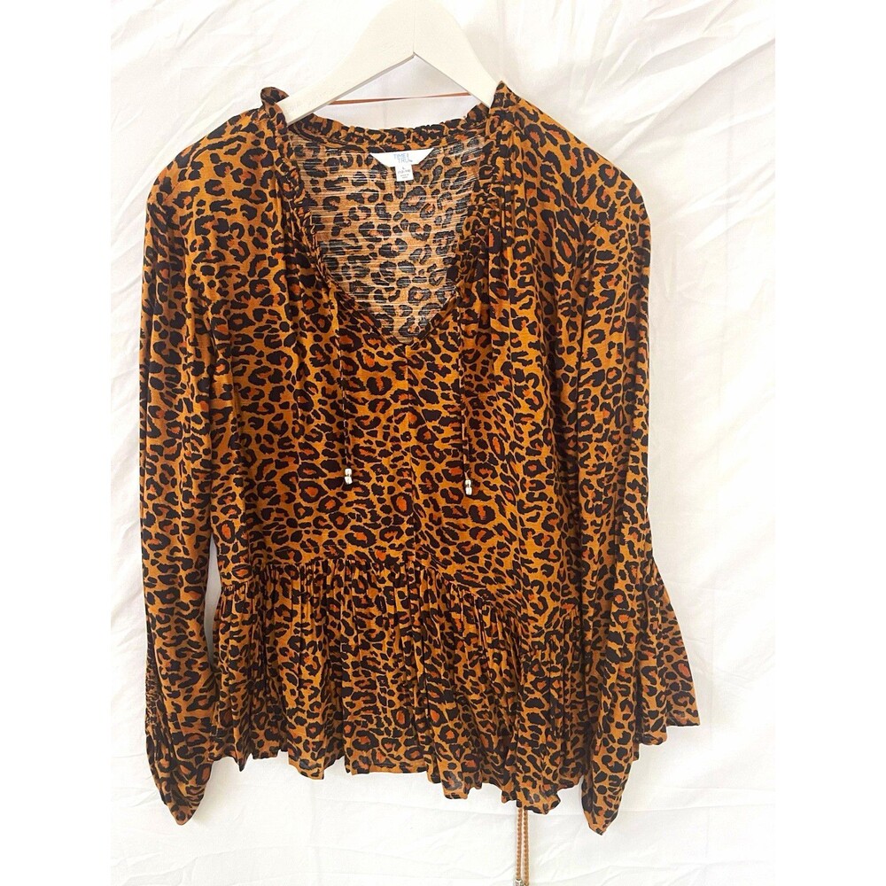 Time and Tru Women’s Leopard Animal Print V-Neck Puff Sleeve Peplum Blouse L
